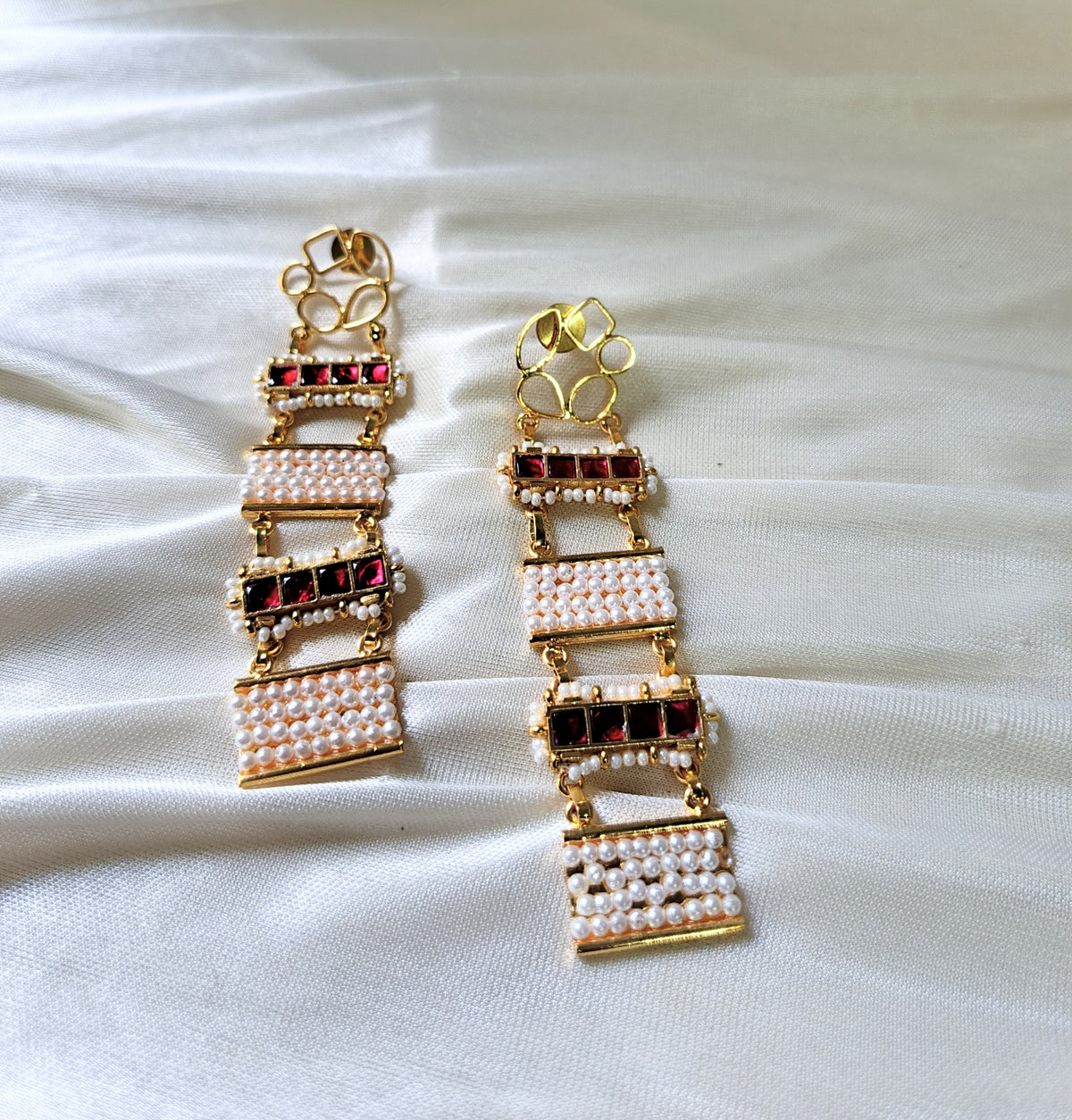 Ruby Pearl Long Drop Earrings