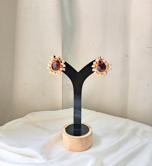 Elegant Ruby Stone Pearl Studs