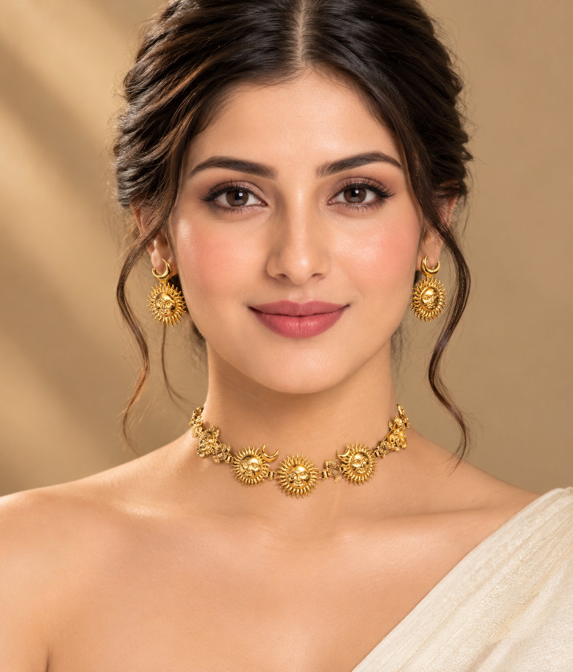 Traditional Gold-Tone Choker Necklace with Earrings