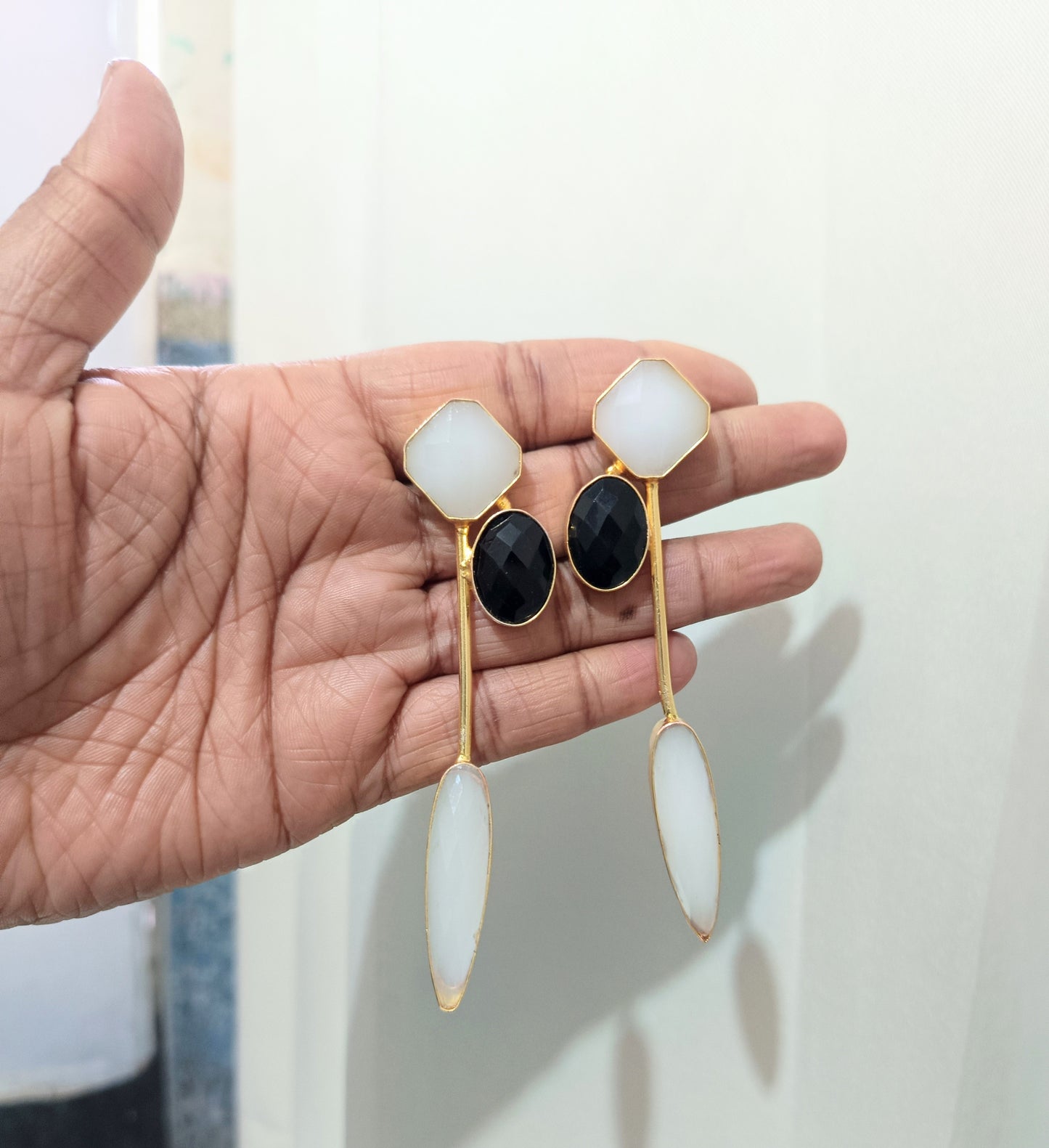 Luxury Gold Plated Black Onyx & White Stone Drop Earring
