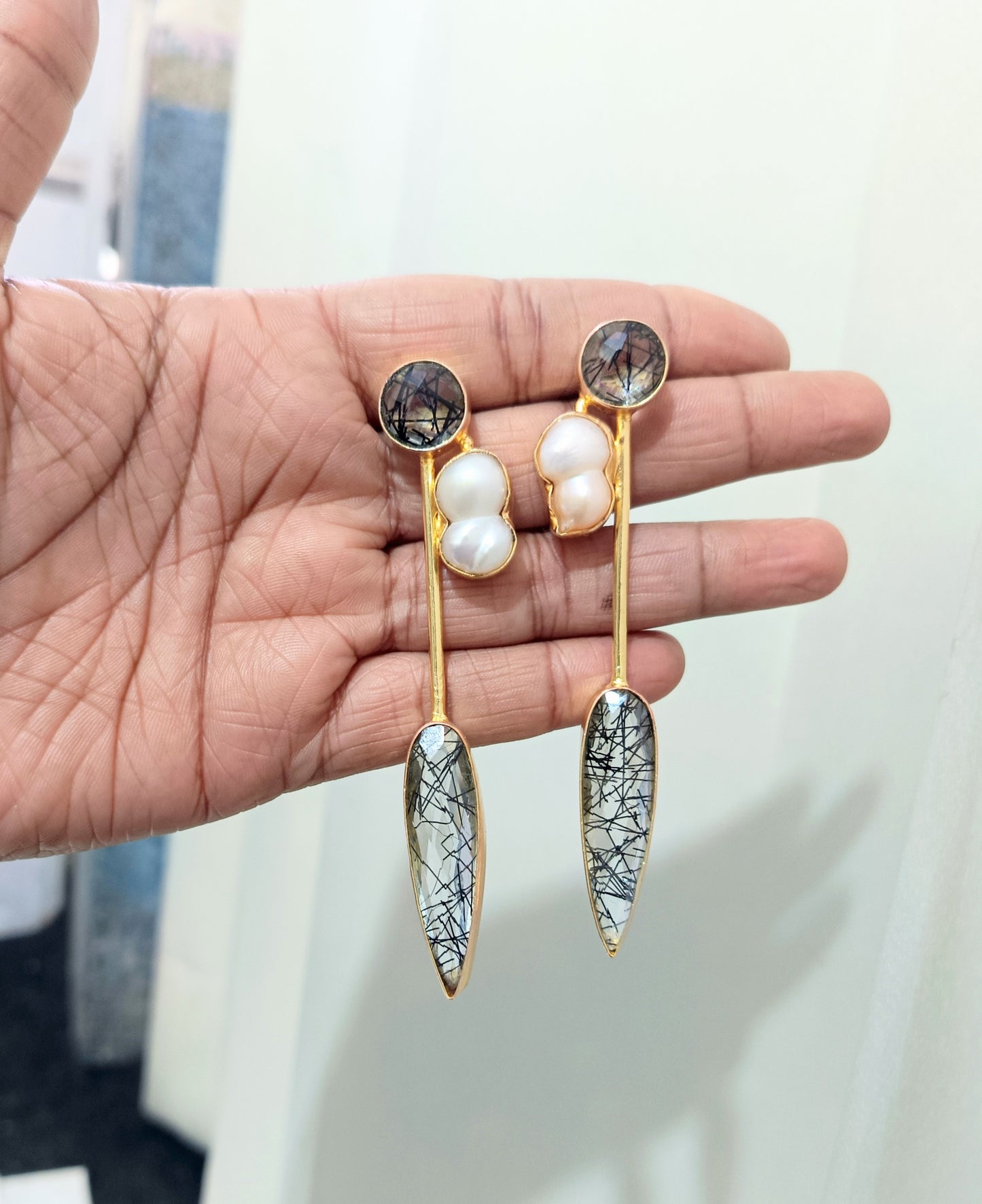 Minimalist Gold Plated Rutile Quartz Pearl Linear Earring