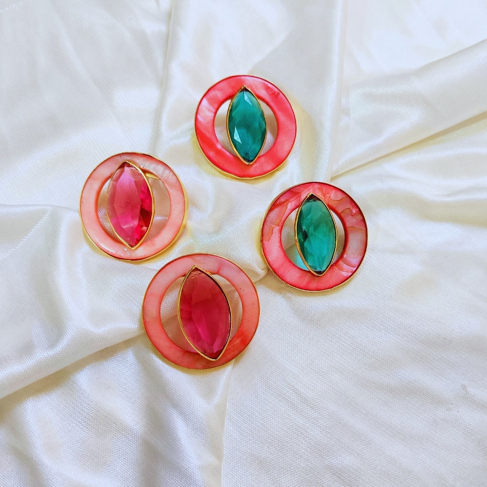 Bold Pink and Green Stone Statement Circle Stud Earring