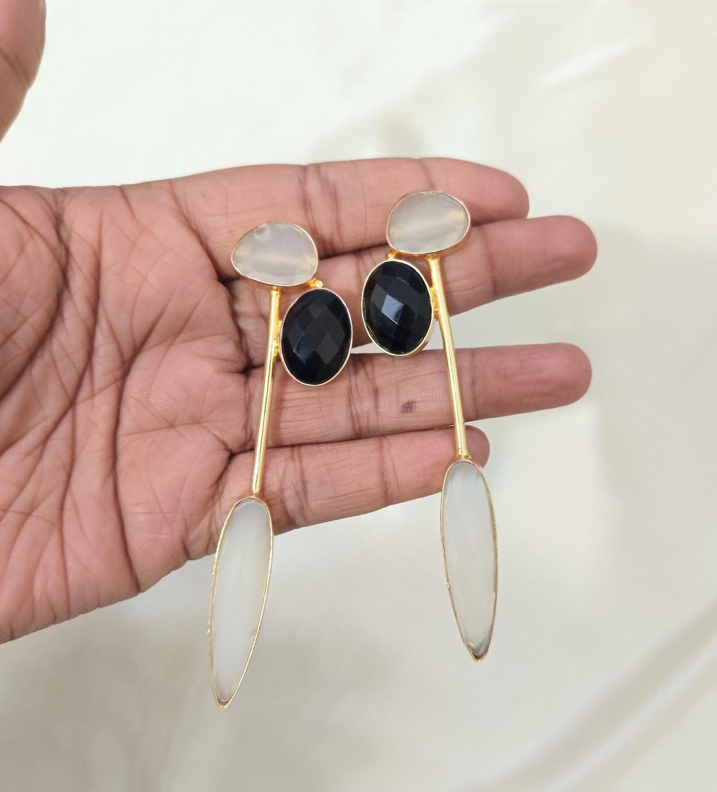 Luxury Gold Plated Black Onyx & White Stone Drop Earring