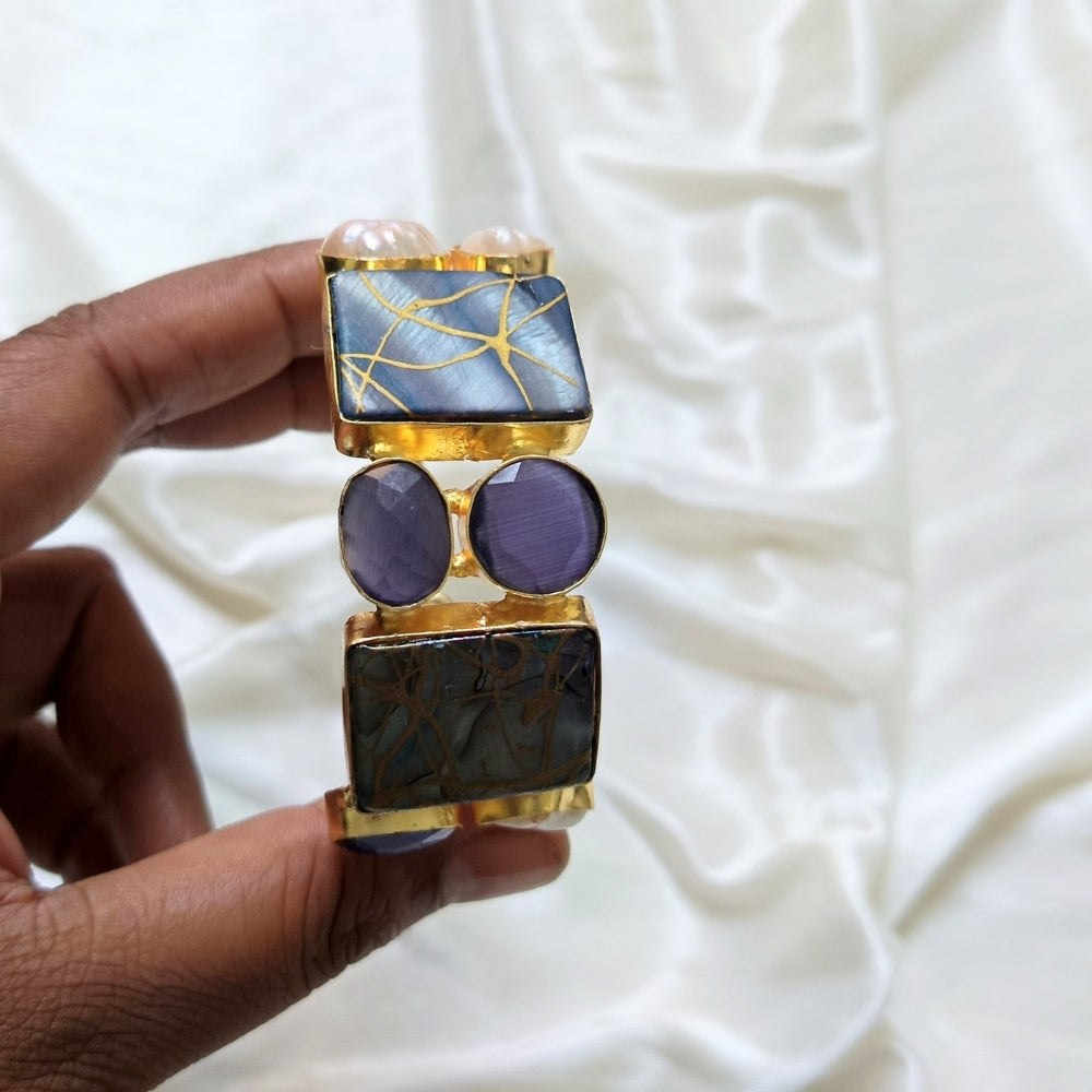 Gold Handcuff Cuff Bracelet with Pearl Accent