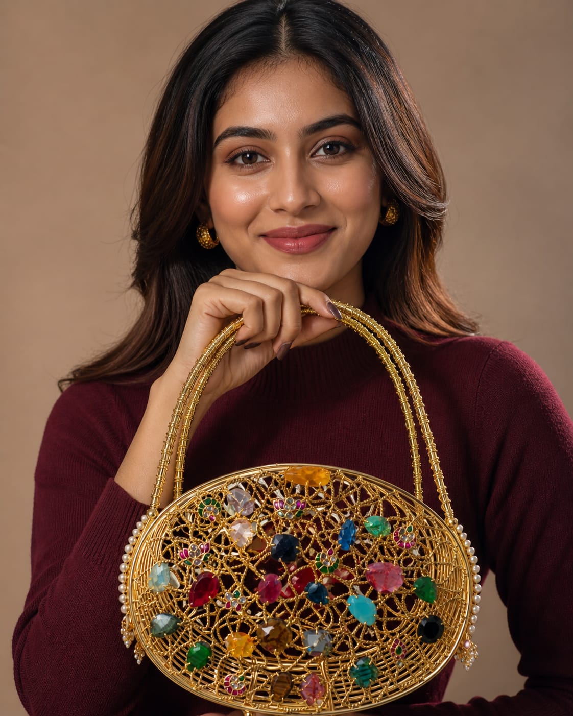Multi-Stone Embellished Gold Metal Clutch Bag