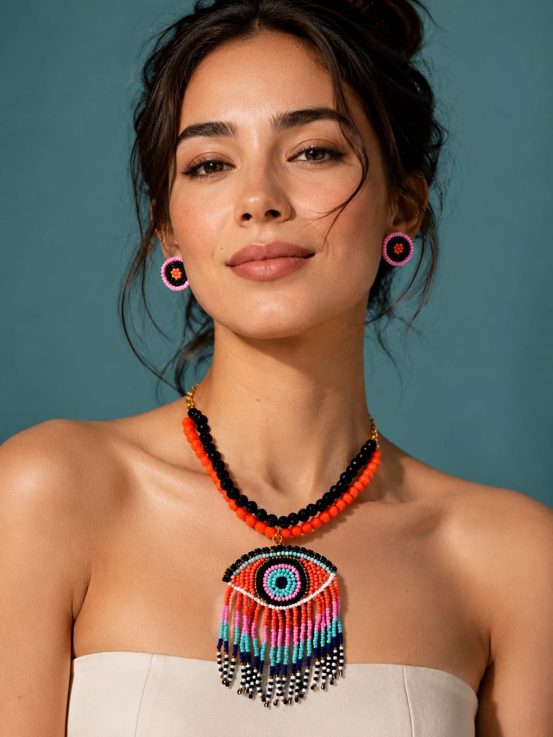 Boho Evil Eye Beaded Pendant Necklace with Earrings