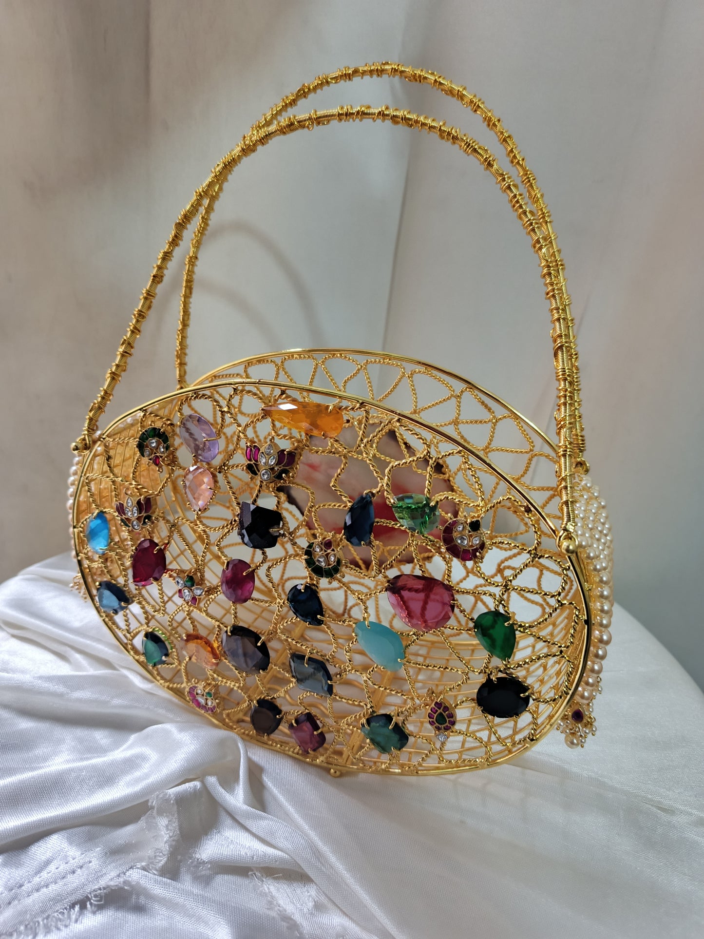 Multi-Stone Embellished Gold Metal Clutch Bag