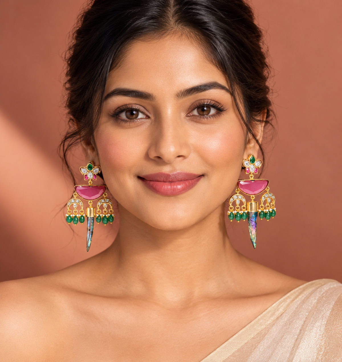 Pink & Emerald Kundan Statement Earrings