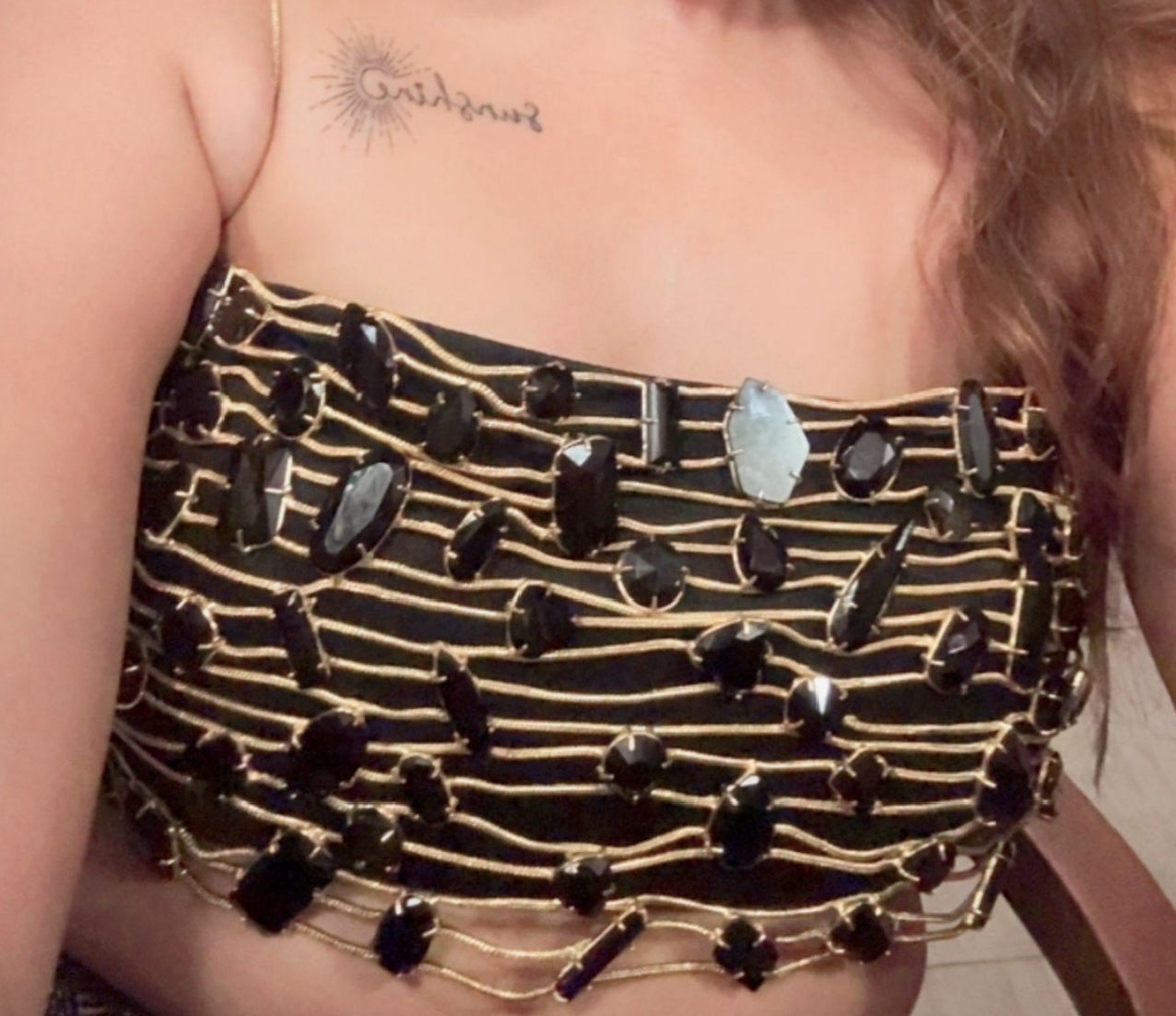 Designer Black Crystal Embellished Metal Chain Tube Top