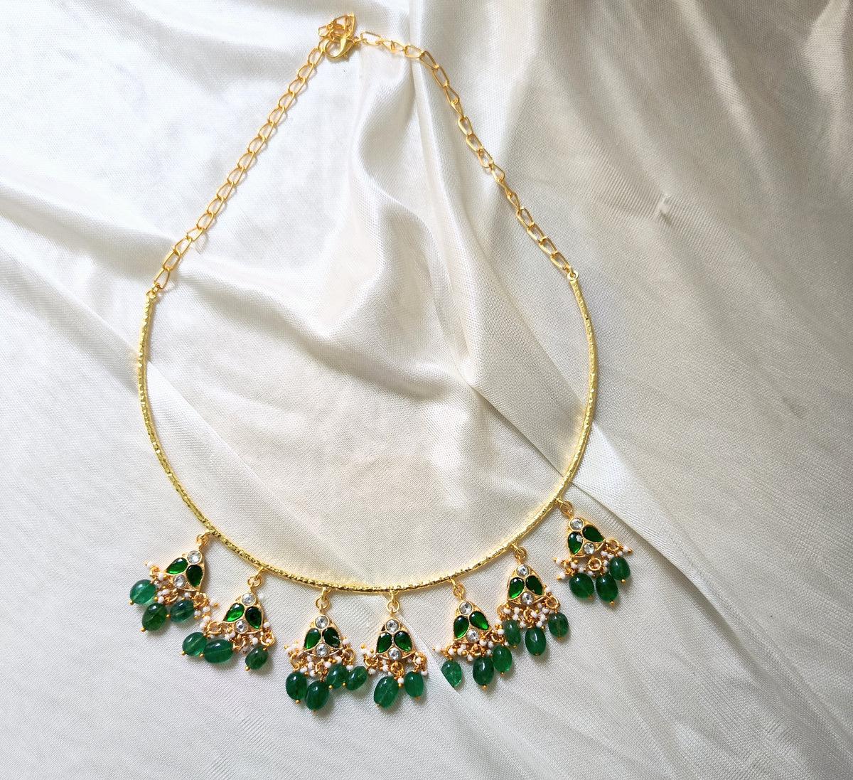 Royal Green Beaded Hasli Necklace Set with Earrings