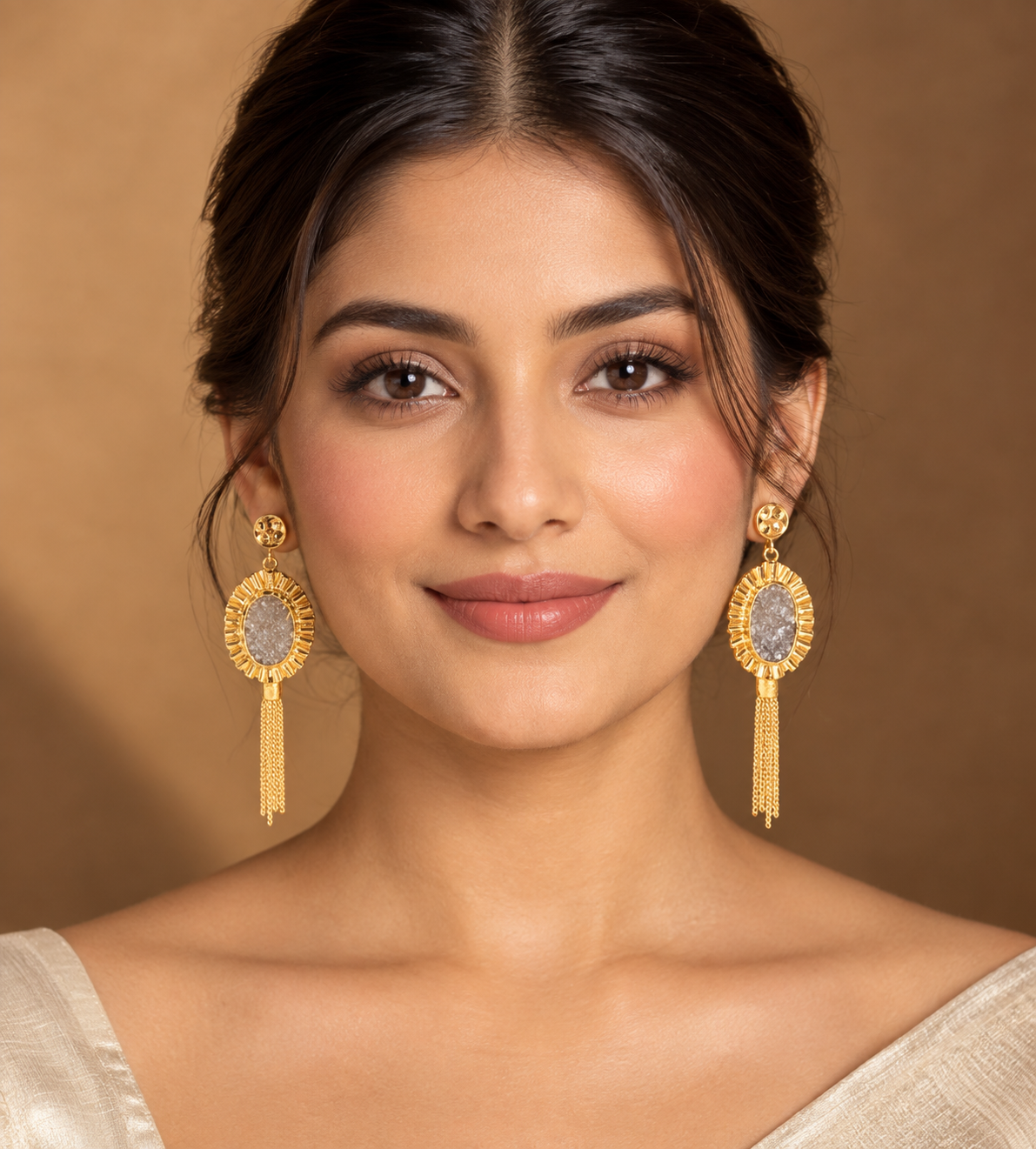Elegant Gold Druzy Oval Dangle Earrings