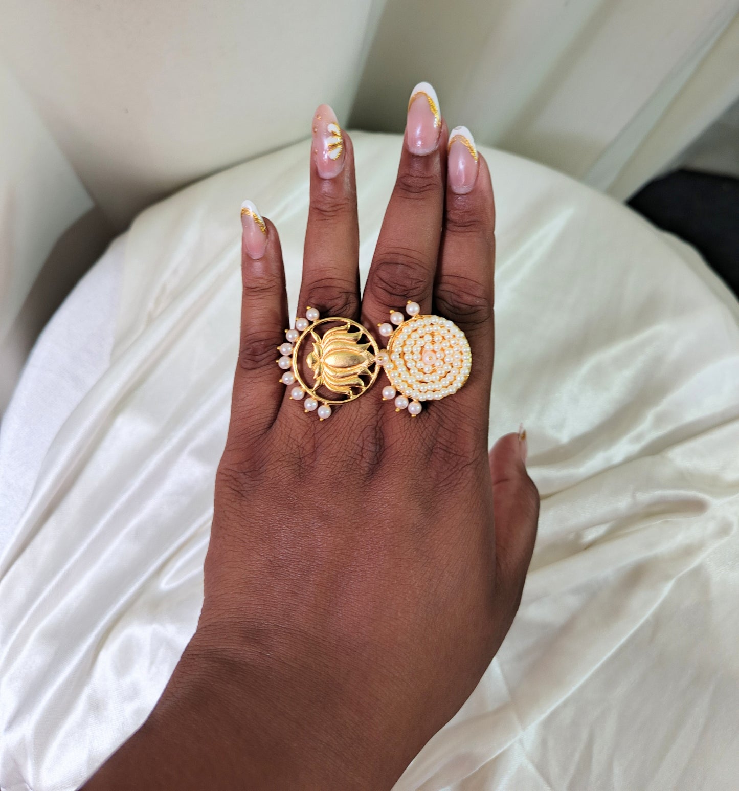 Royal Pearl Embellished Lotus Statement Ring