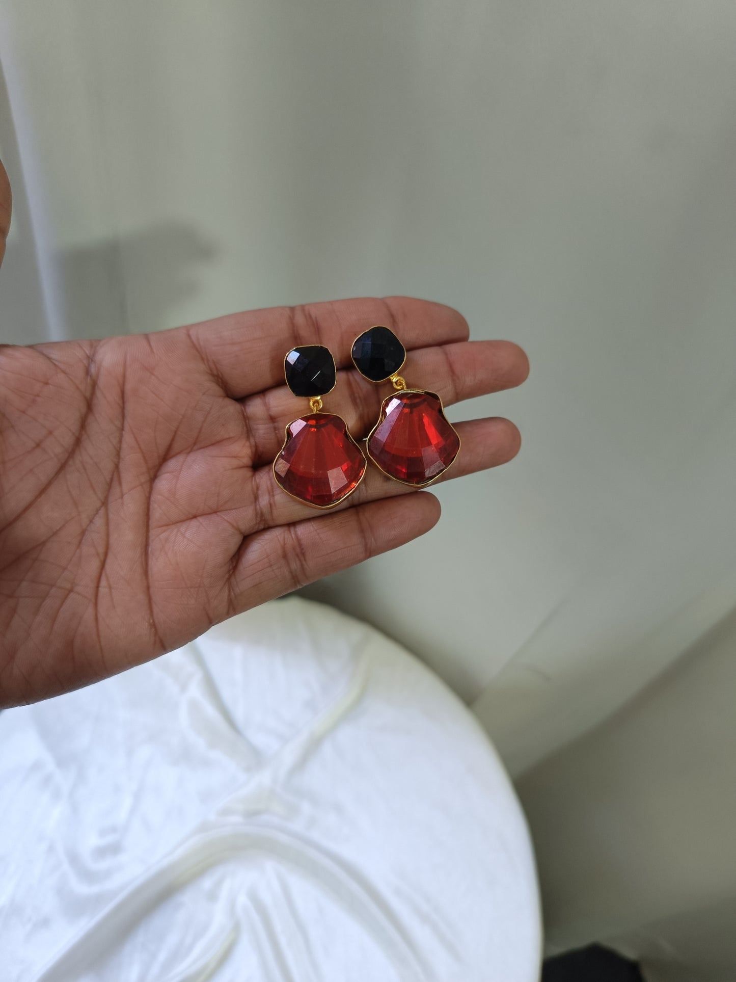 Red & Black Faceted stone Drop Earring in Gold Finish