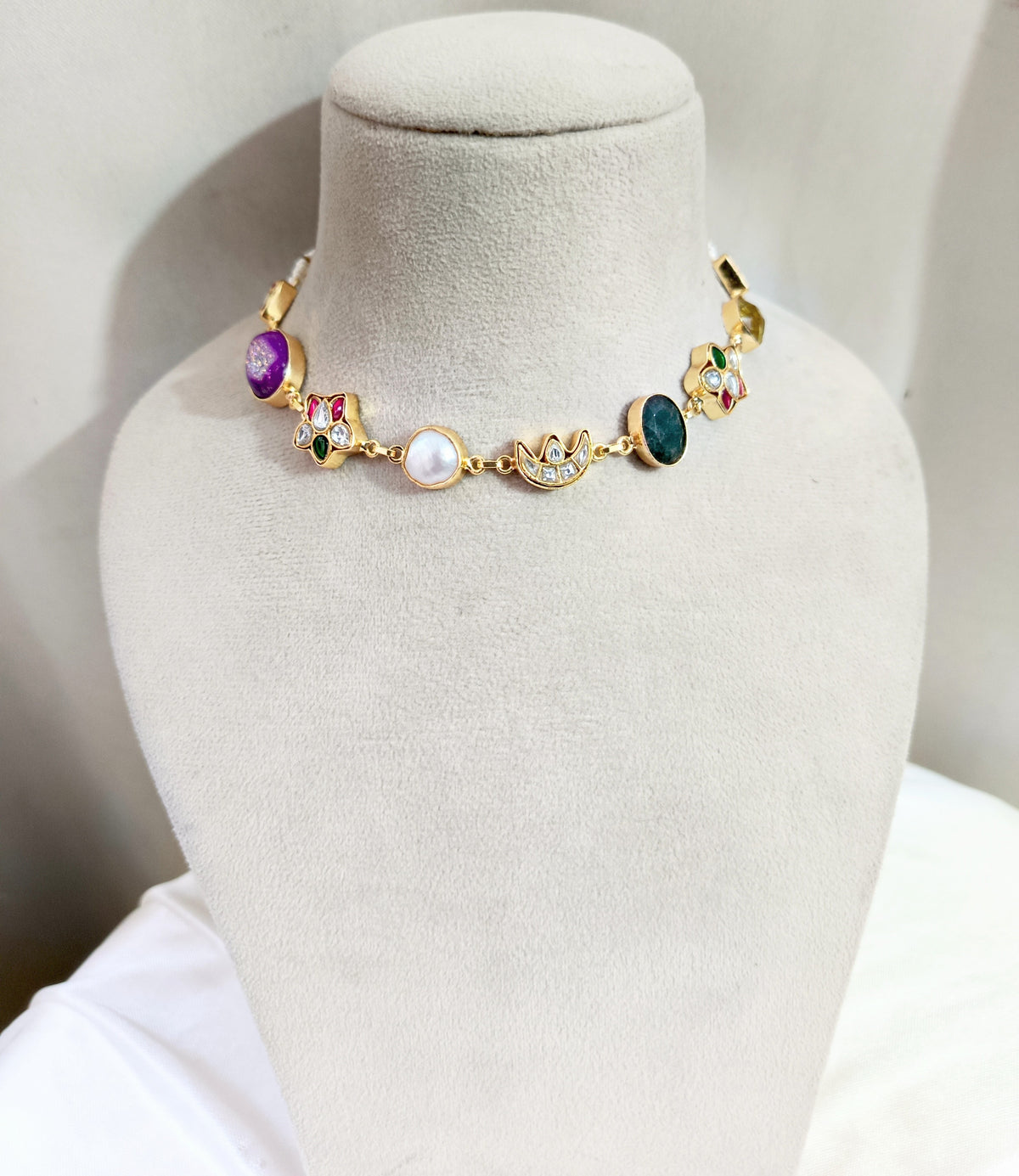 Designer Kundan Gold-Plated Multicolor Stone Choker Set with Pearl Stud