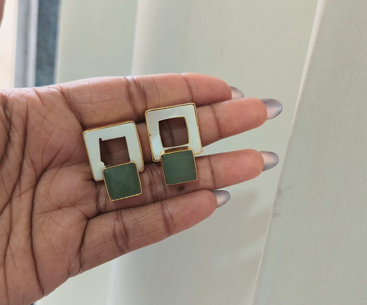 Geometric Stone Stud Earrings, Mother of Pearl Statement Studs