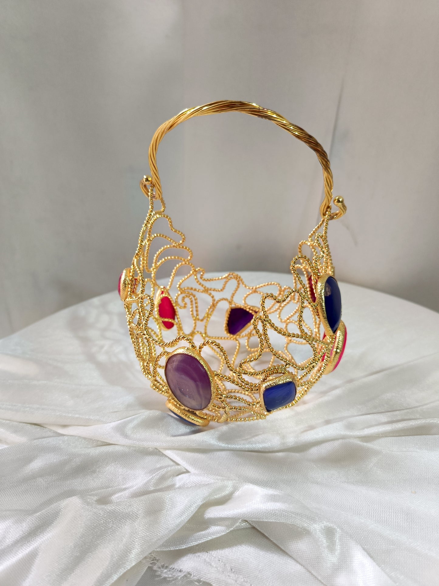 Luxury Handcrafted Gold Wire Crystal Evening Clutch Bag with Satin Pouch