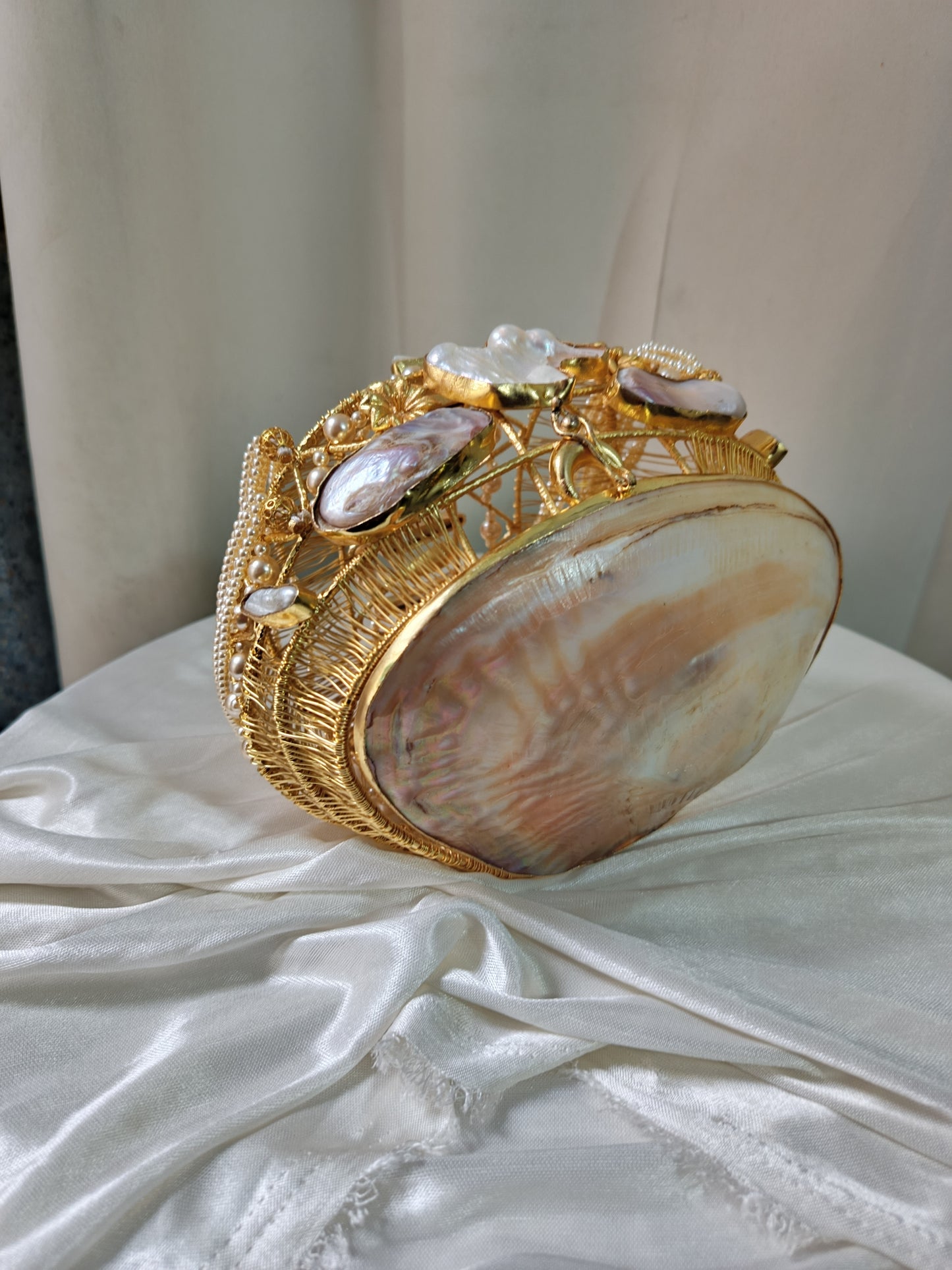 Handcrafted Mother of Pearl Shell Bag with Pearl Handle