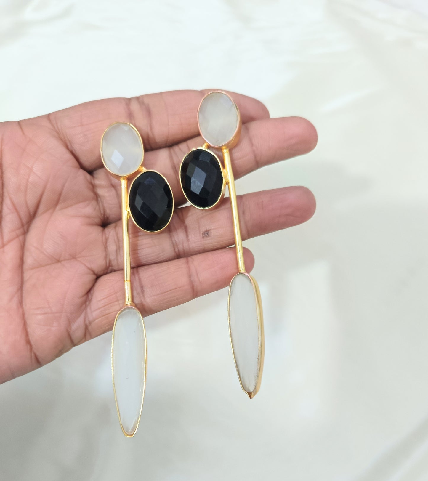 Luxury Gold Plated Black Onyx & White Stone Drop Earring