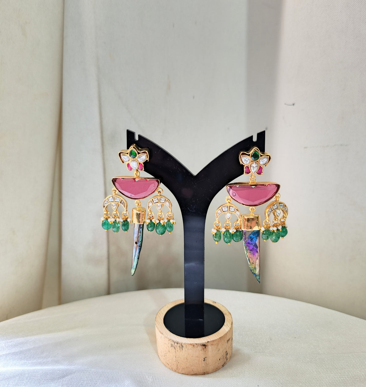 Pink & Emerald Kundan Statement Earrings