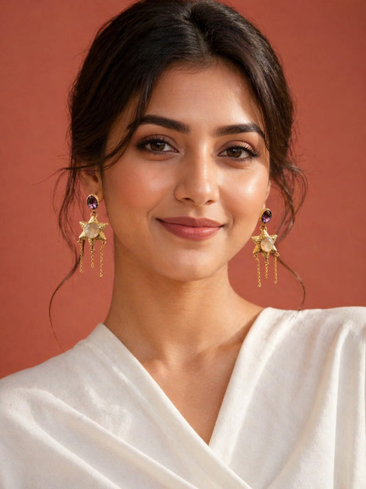 Gold Star Drop Earrings with Amethyst