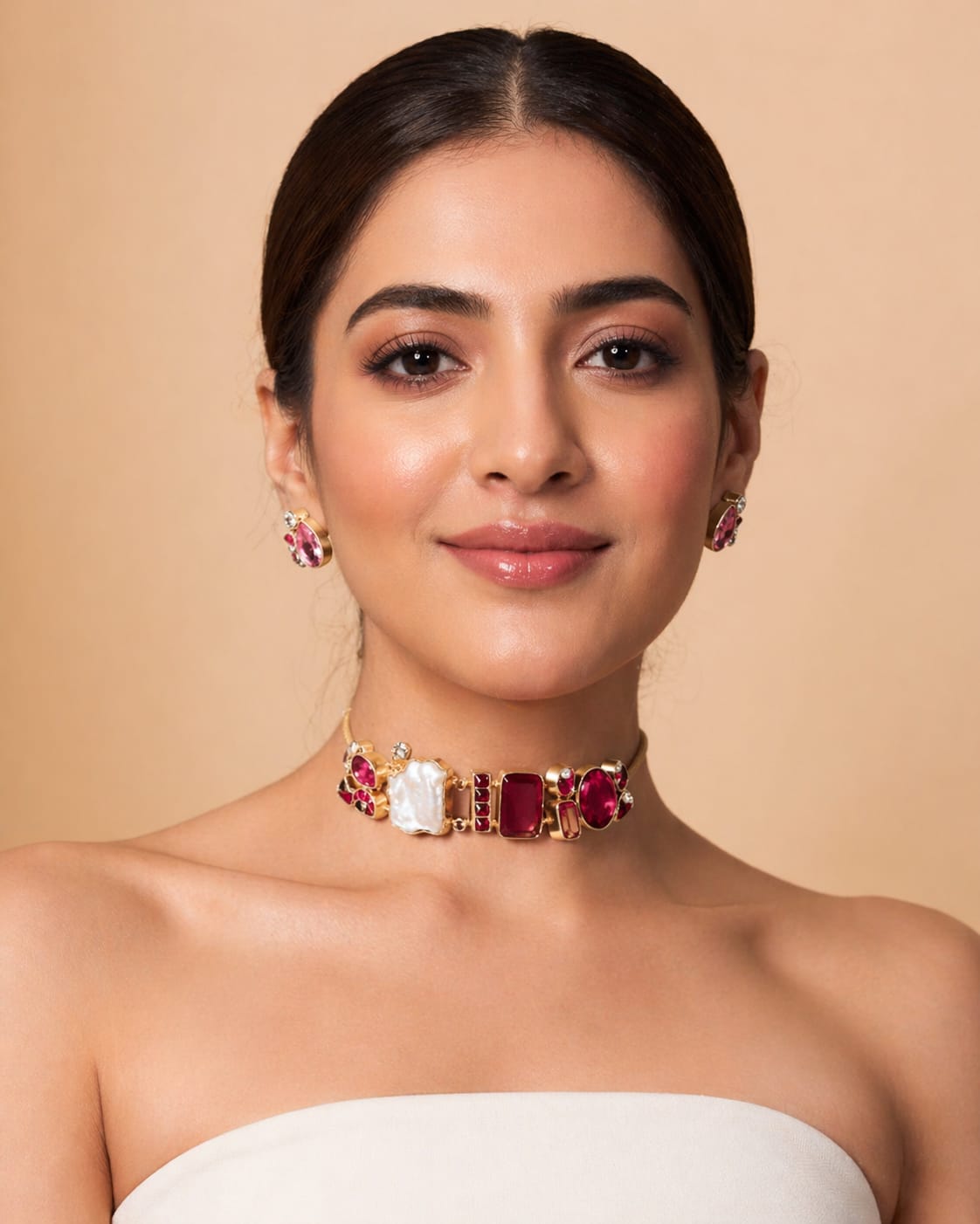 Ruby Red Statement Necklace Set with Baroque Pearl