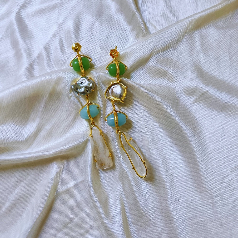 Boho luxe gold drop earring with green & aqua blue raw Crystal