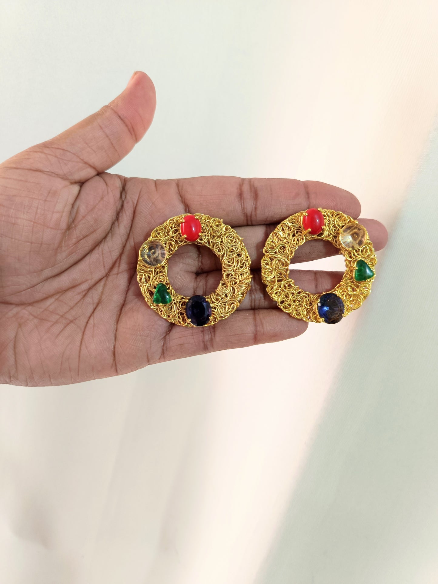 Gold Filigree Circle Earrings with Multicolor Gemstones