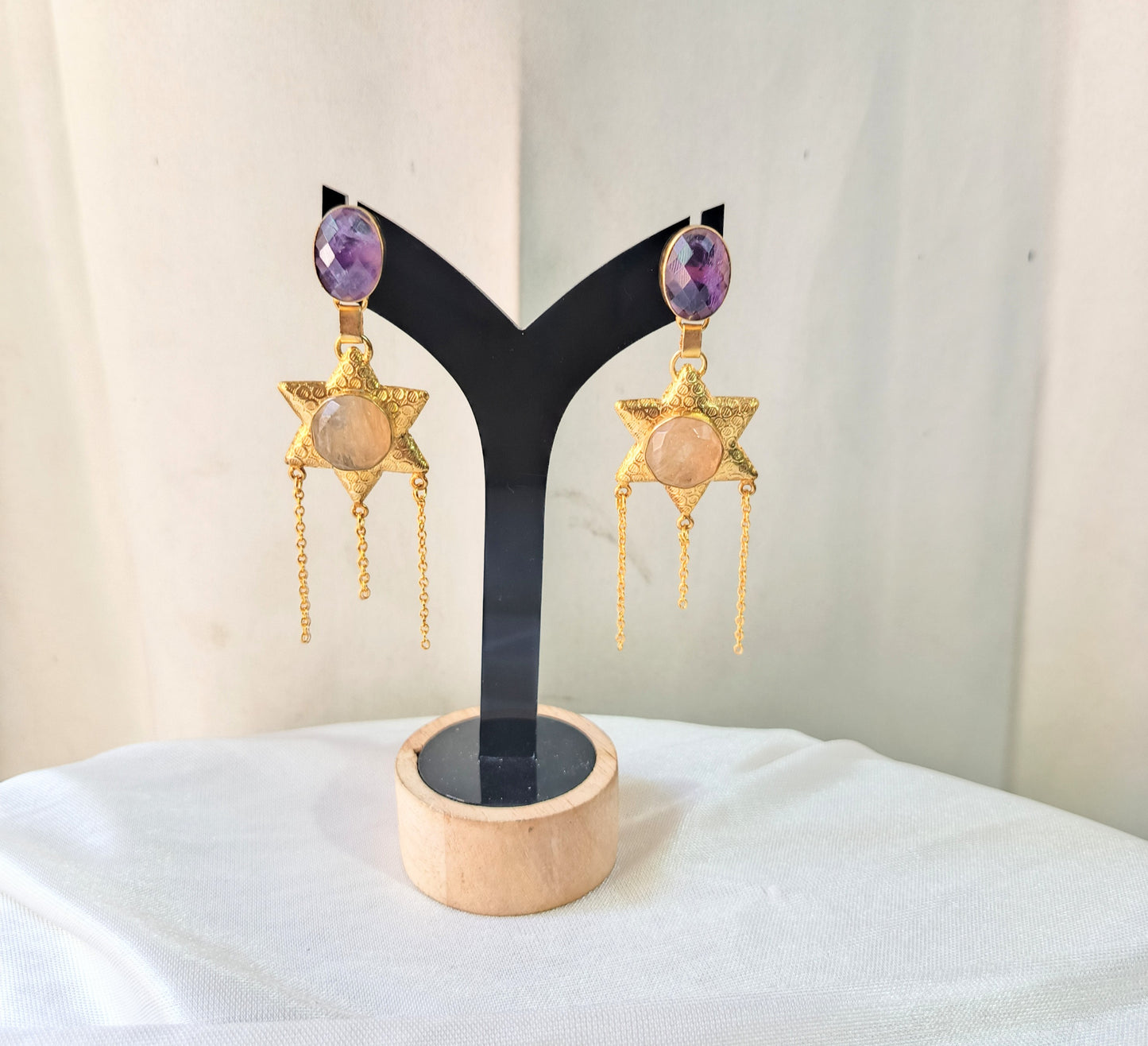 Gold Star Drop Earrings with Amethyst