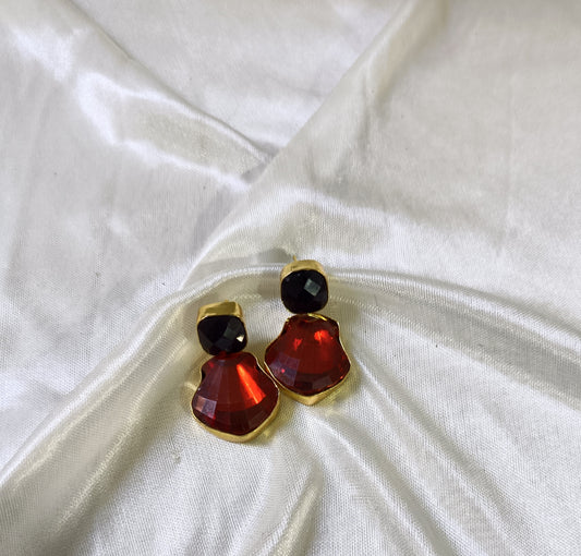 Red & Black Faceted stone Drop Earring in Gold Finish