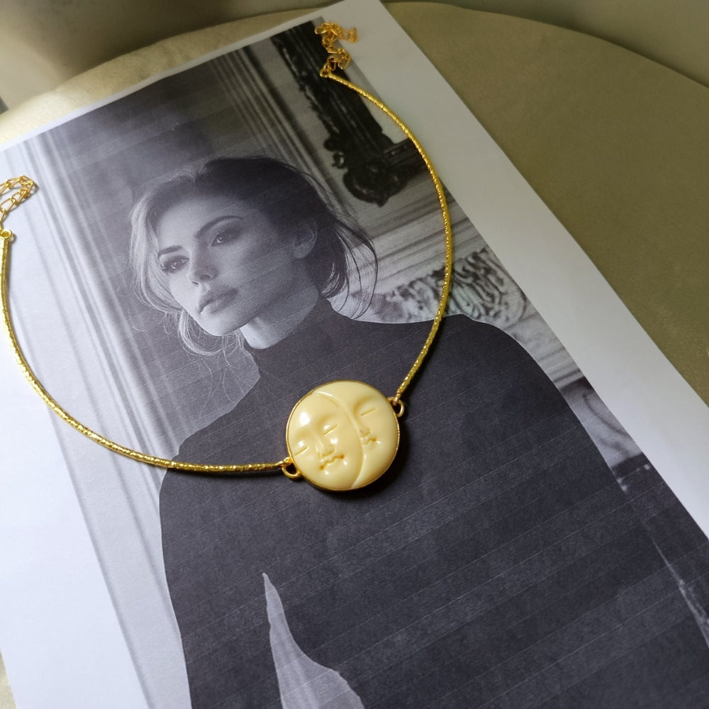 Carved Moon Face Necklace Set, Celestial Pearl Jewelry