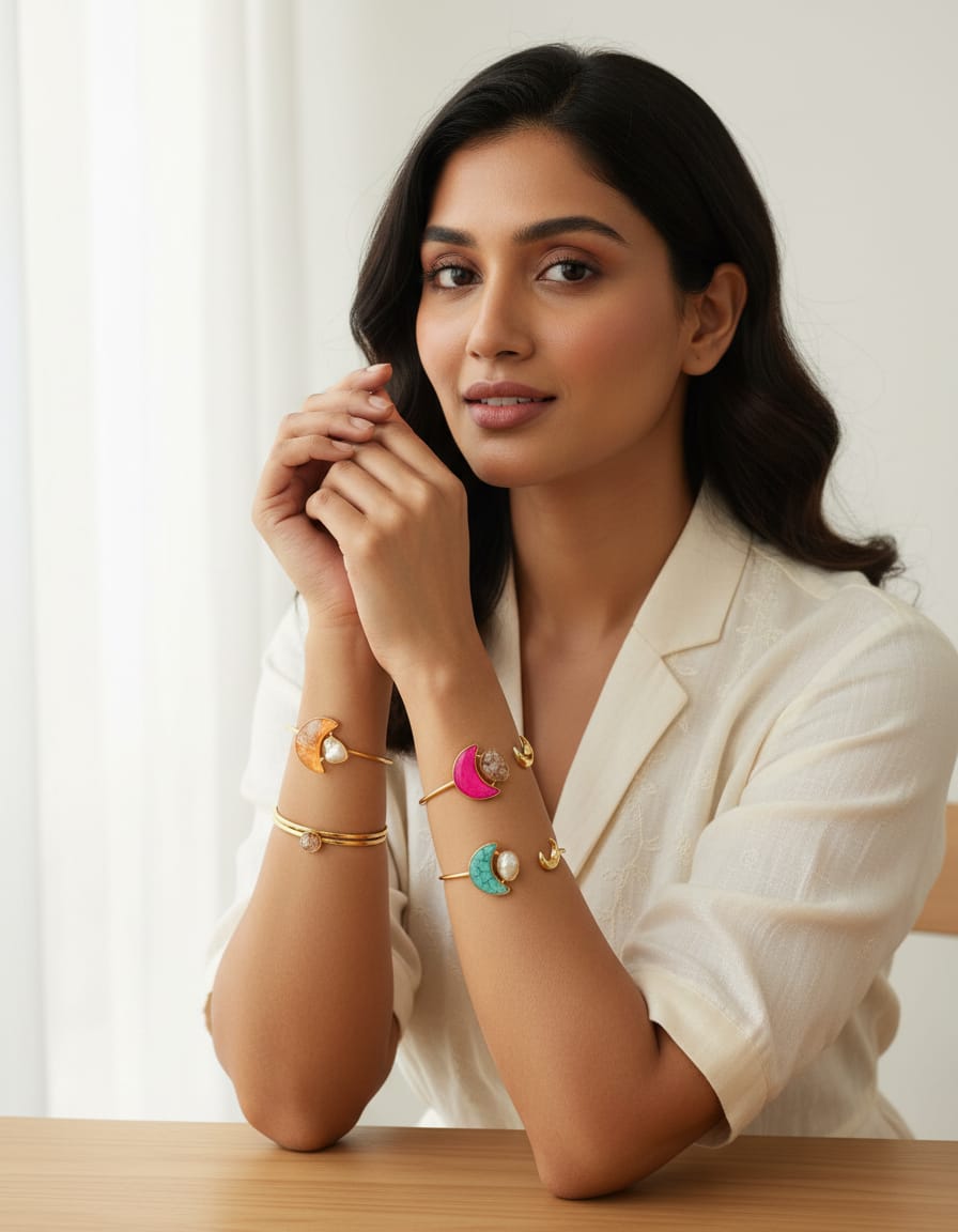 Elegant Gold Tone Handcuff with Colour Pearl