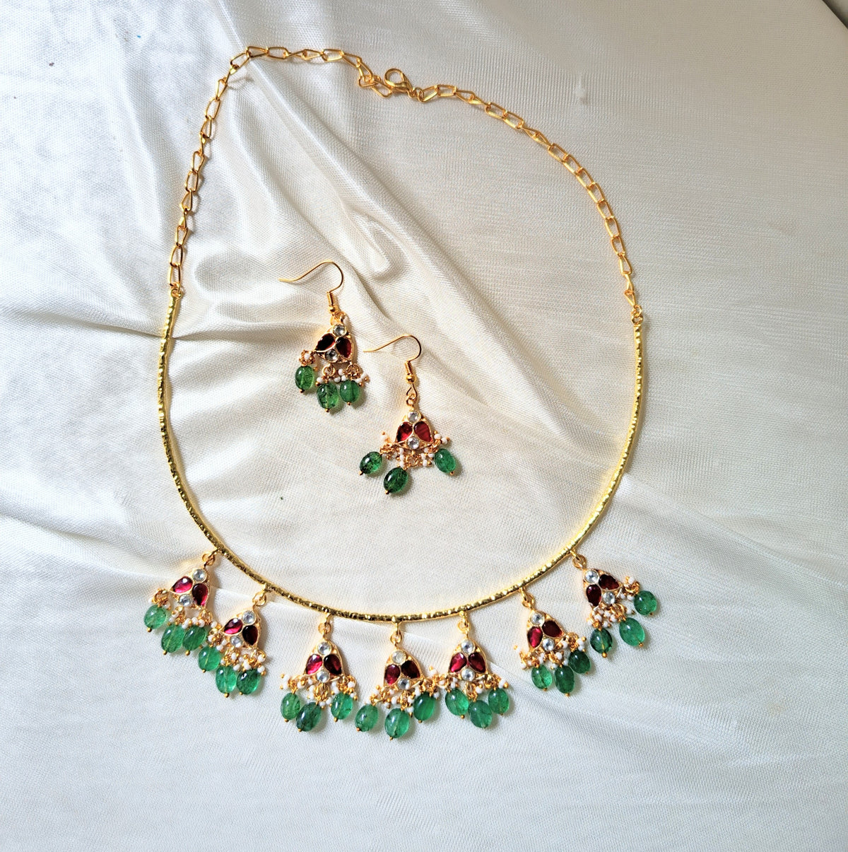Royal Green Beaded Hasli Necklace Set with Earrings