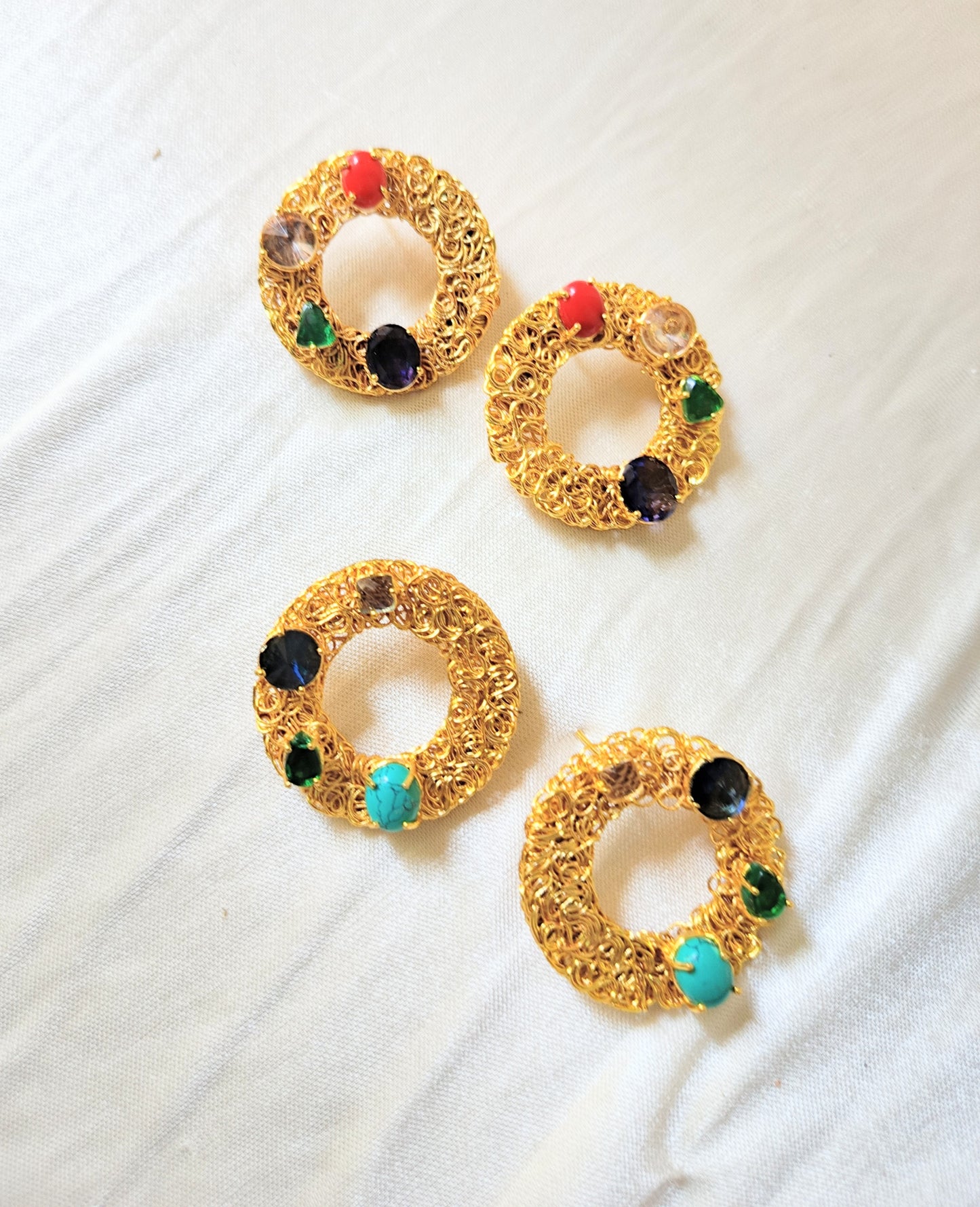 Gold Filigree Circle Earrings with Multicolor Gemstones