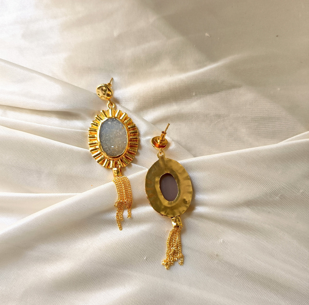 Elegant Gold Druzy Oval Dangle Earrings