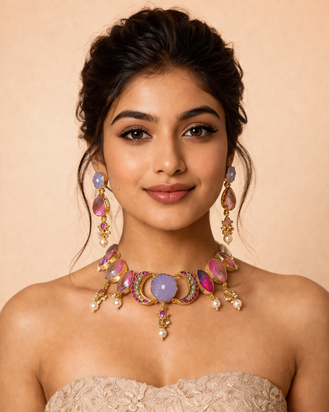 Elegant Floral Stone Necklace Set with Pearl Dangling Earrings