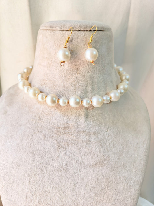 Minimalist Pearl Necklace & Earring Set in Gold Finish