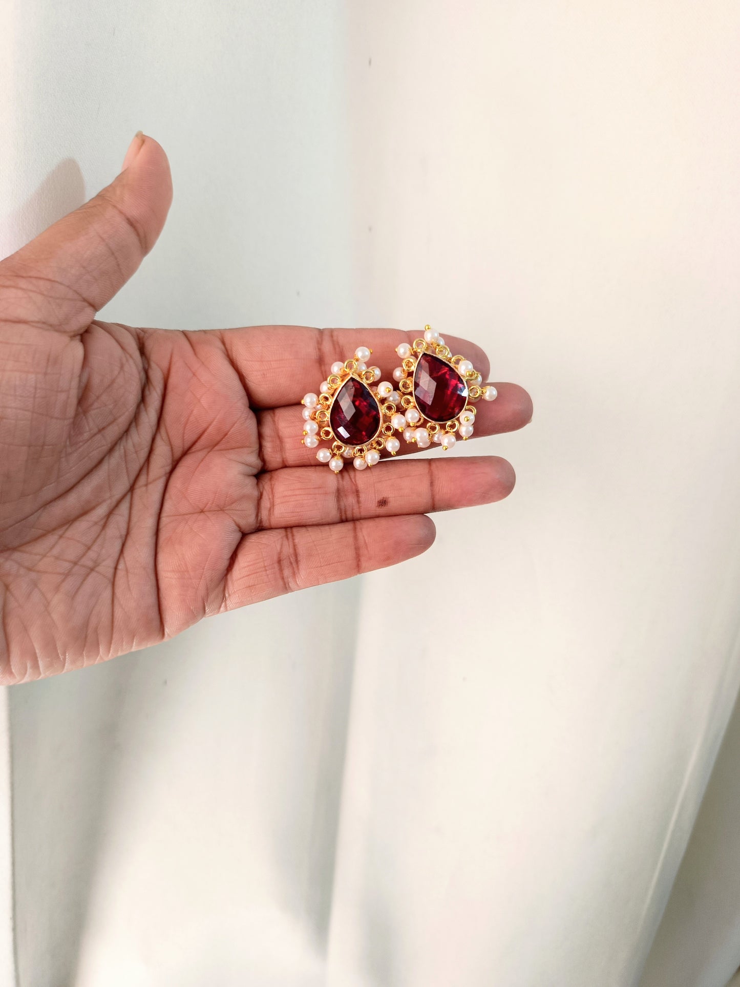 Elegant Ruby Stone Pearl Studs