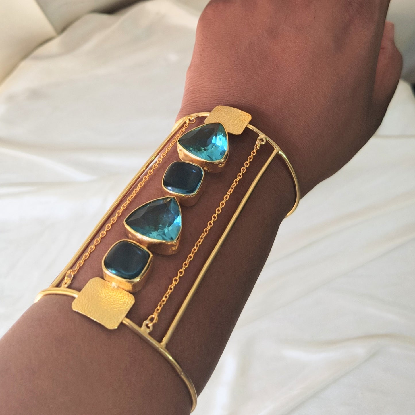 Elegant Gold Statement Cuff Bracelet with Multicolor Gemstones