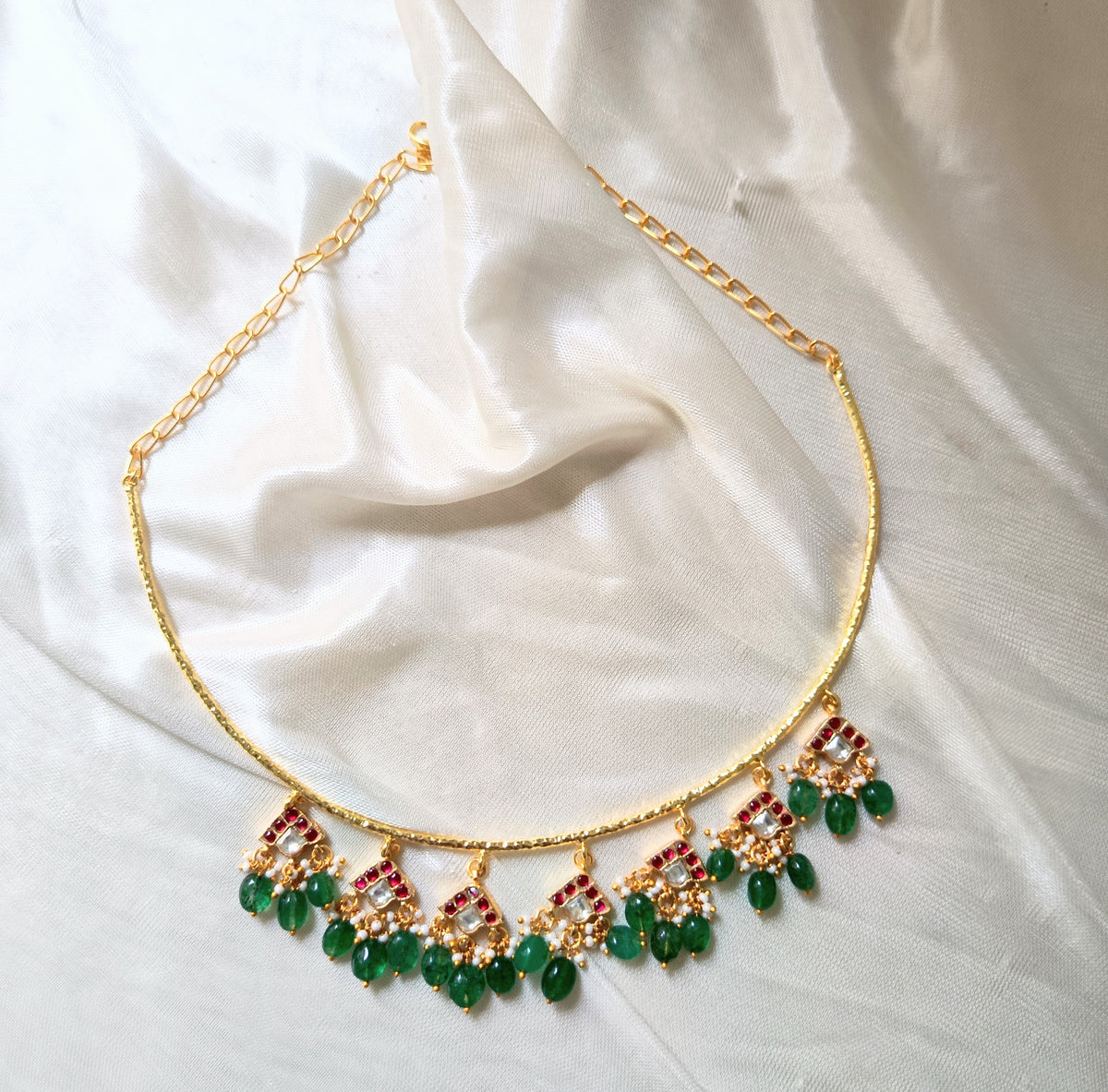 Royal Green Beaded Hasli Necklace Set with Earrings