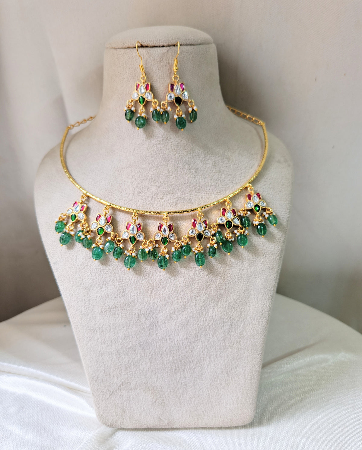Royal Green Beaded Hasli Necklace Set with Earrings
