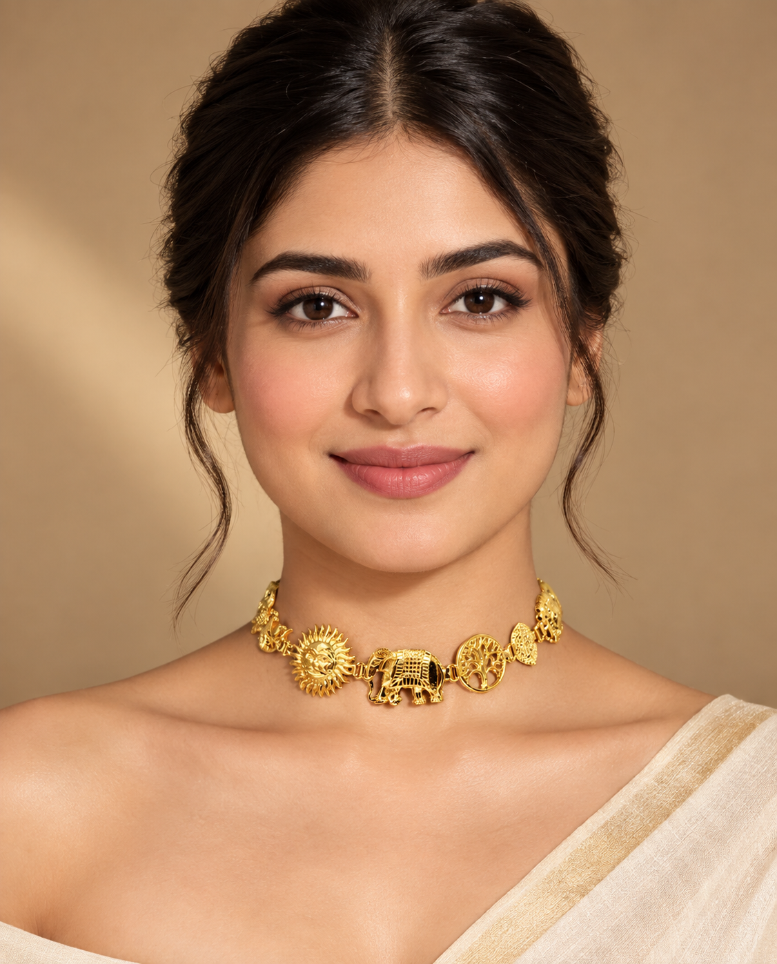 Traditional Gold-Tone Choker Necklace with Earrings