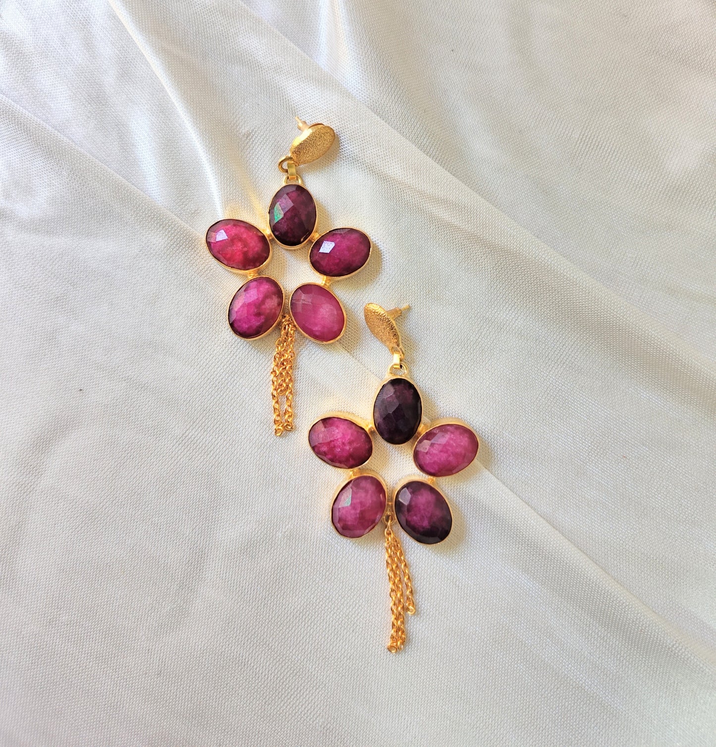 Ruby Pink Floral Drop Earrings with Gold Chain Tassels