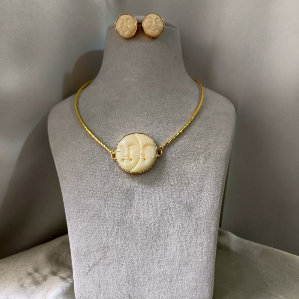 Carved Moon Face Necklace Set, Celestial Pearl Jewelry