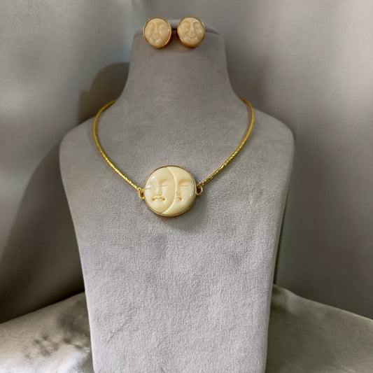Carved Moon Face Necklace Set, Celestial Pearl Jewelry