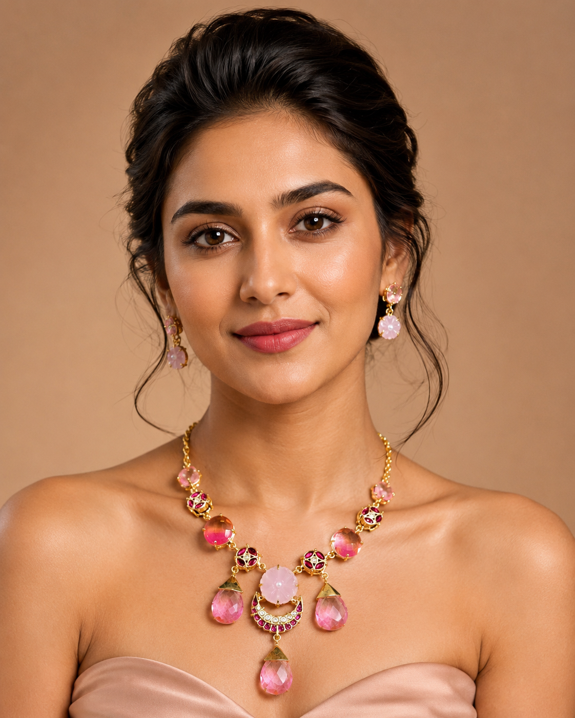 Pink Quartz-Inspired Floral Necklace & Earrings Set