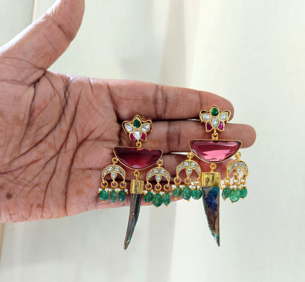 Pink & Emerald Kundan Statement Earrings