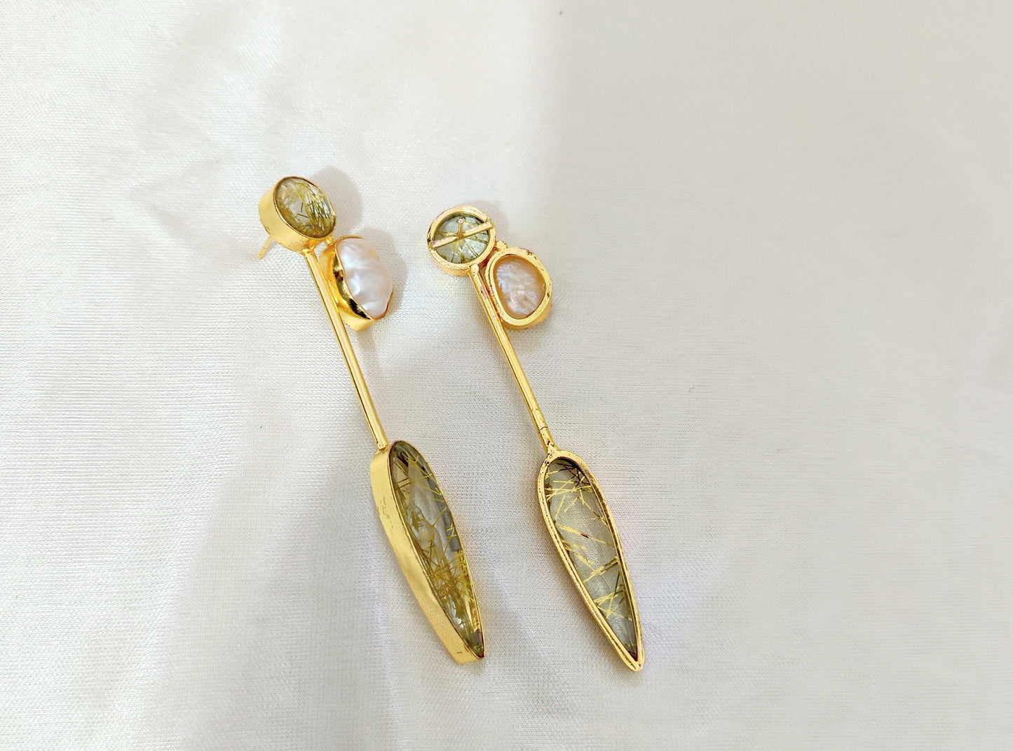 Minimalist Gold Plated Rutile Quartz Pearl Linear Earring