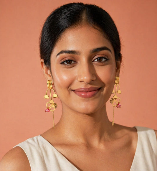 Golden Heart Drop Earrings with Pink Crystal Charm