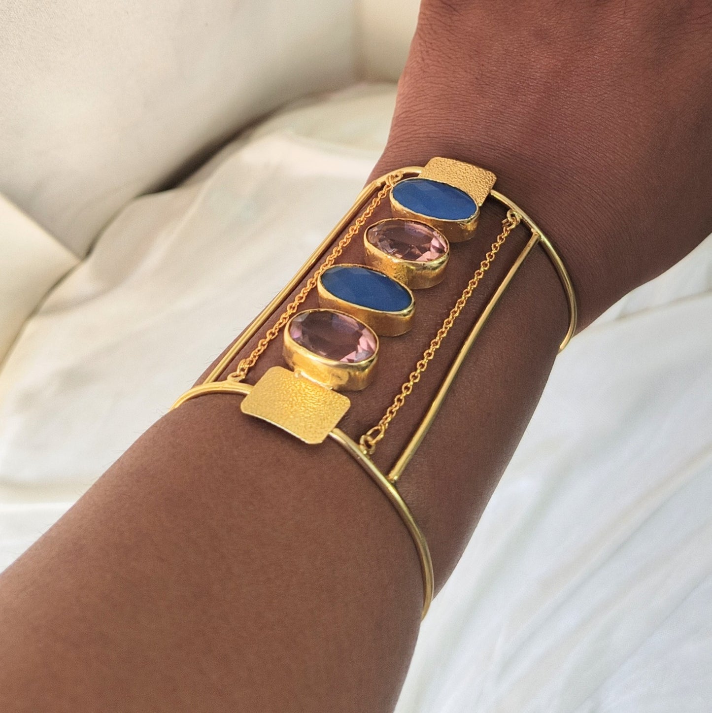 Elegant Gold Statement Cuff Bracelet with Multicolor Gemstones