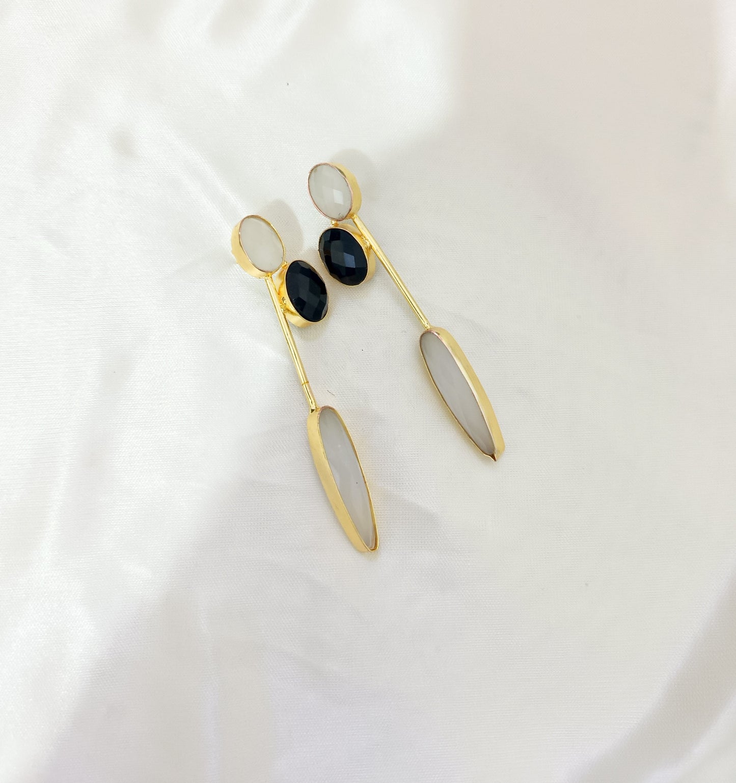 Luxury Gold Plated Black Onyx & White Stone Drop Earring